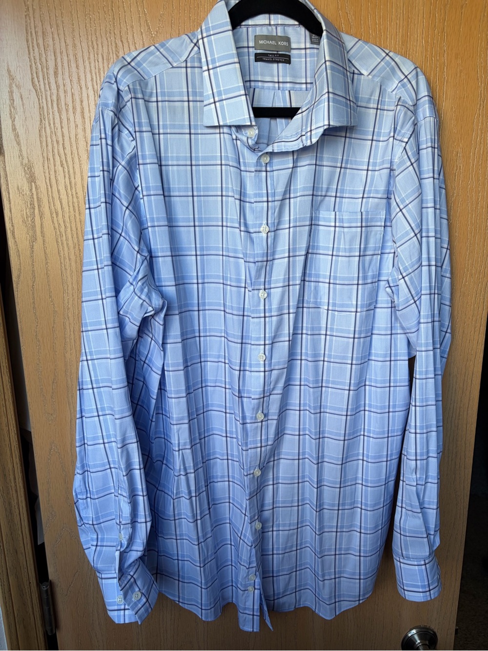 Michael Kors Light Blue Plaid Long-Sleeve Dress Shirt